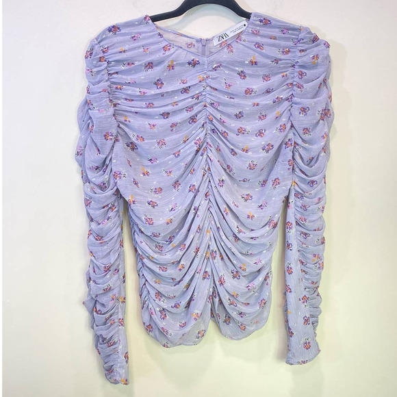 ZARA Purple Floral Ruched Long Sleeve Sheer Round Neck Invisible Back Zip XL - Picture 1 of 7